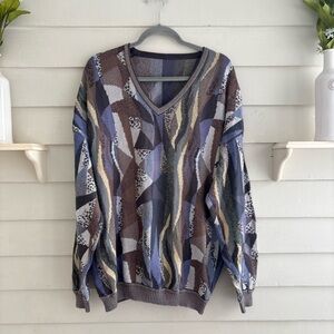 Vintage Abstract Geometric 3D Knit V-Neck Cotton Blend Sweater Men’s XL